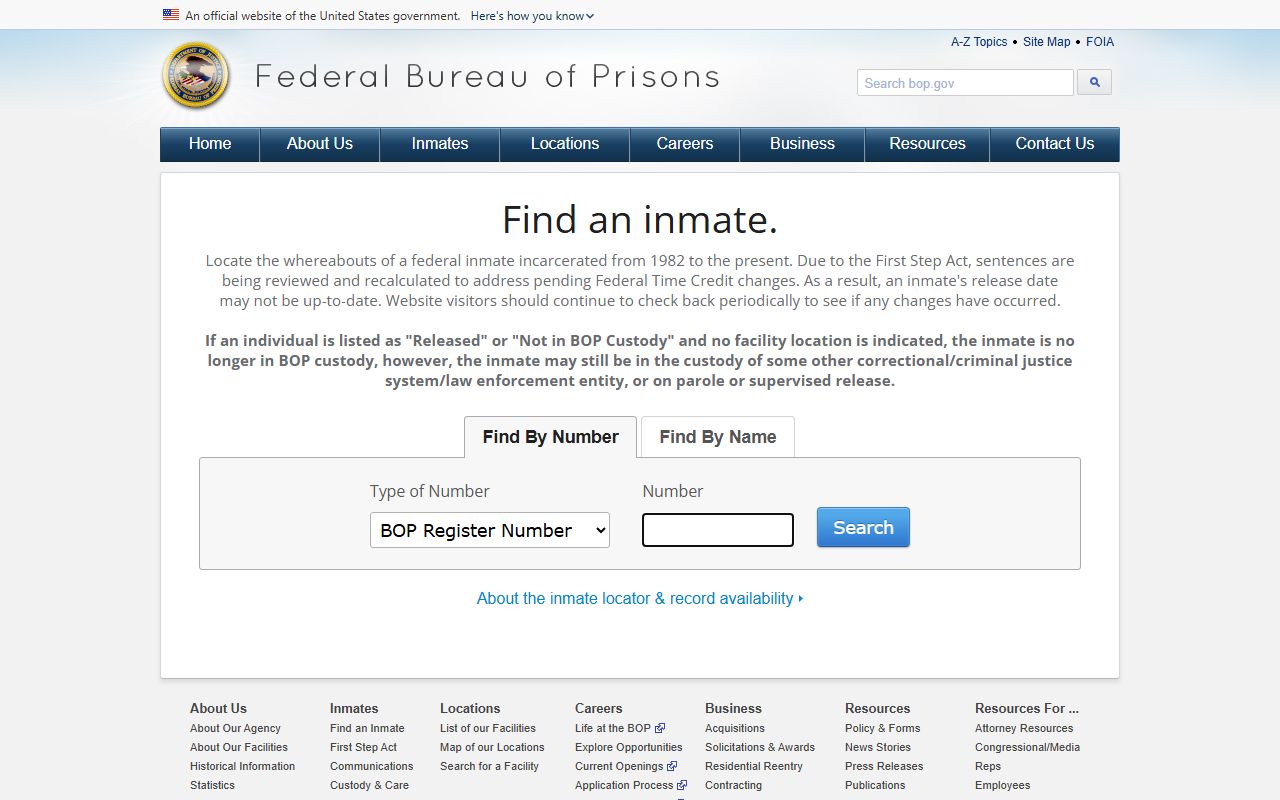 Federal BOP locator for custody search separate from Pleasants County mugshots